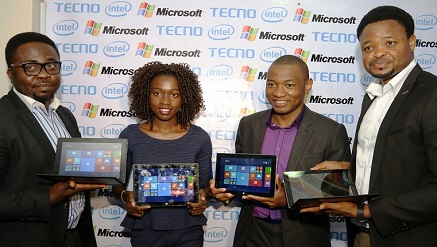 (L-r):  Womiloju Olabanji, consumer business lead Sub-Saharan Africa, Intel Corporation, Yewande Oyebo, device specialist Microsoft Nigeria, Mark Ihimonya, consumer director, Microsoft Nigeria and, Attai Oguche, activation and event manager, Tecno Mobile at the official launch of the new Tecno WinPad 10 on Thursday, in Lagos.